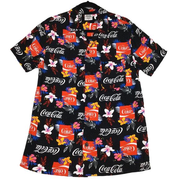 Coca Cola Men’s Floral Hawaiian Rayon Tropical Short Sleeve Button Down Shirt S - Picture 1 of 9